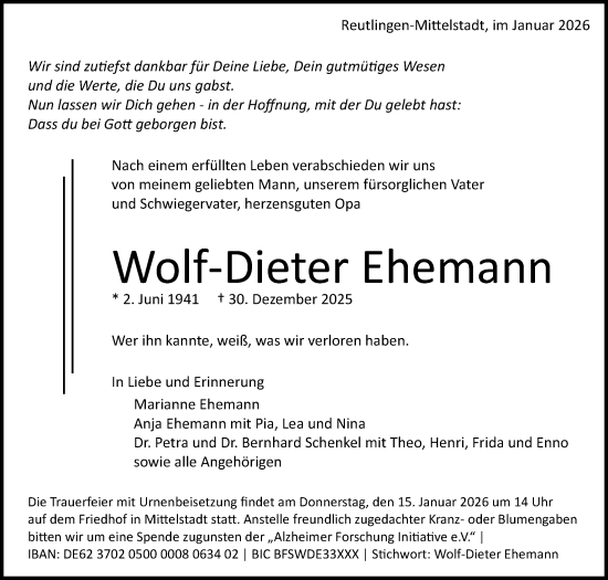 Anzeige von Wolf-Dieter Ehemann von Reutlinger General-Anzeiger