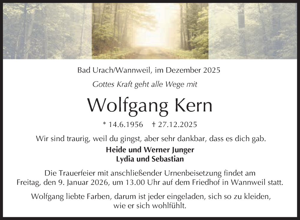  Traueranzeige für Wolfgang Kern vom 03.01.2026 aus Reutlinger General-Anzeiger
