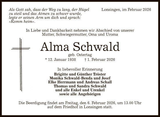Anzeige von Alma Schwald von Reutlinger General-Anzeiger