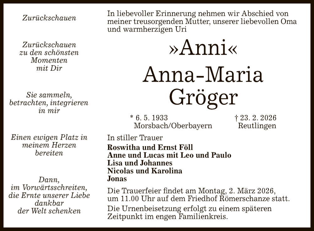 Traueranzeige für Anna-Maria Gröger vom 28.02.2026 aus Reutlinger General-Anzeiger