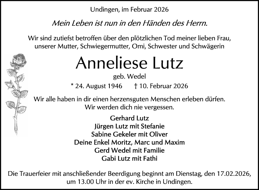  Traueranzeige für Anneliese Lutz vom 11.02.2026 aus Reutlinger General-Anzeiger