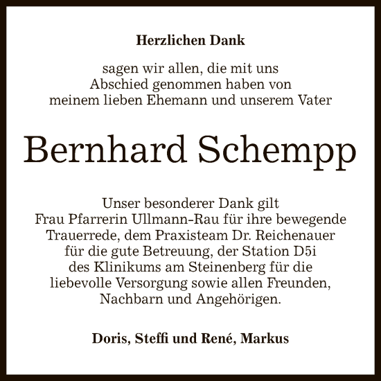 Anzeige von Bernhard Schempp von Reutlinger General-Anzeiger