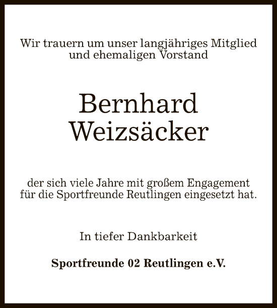 Anzeige von Bernhard Weizsäcker von Reutlinger General-Anzeiger