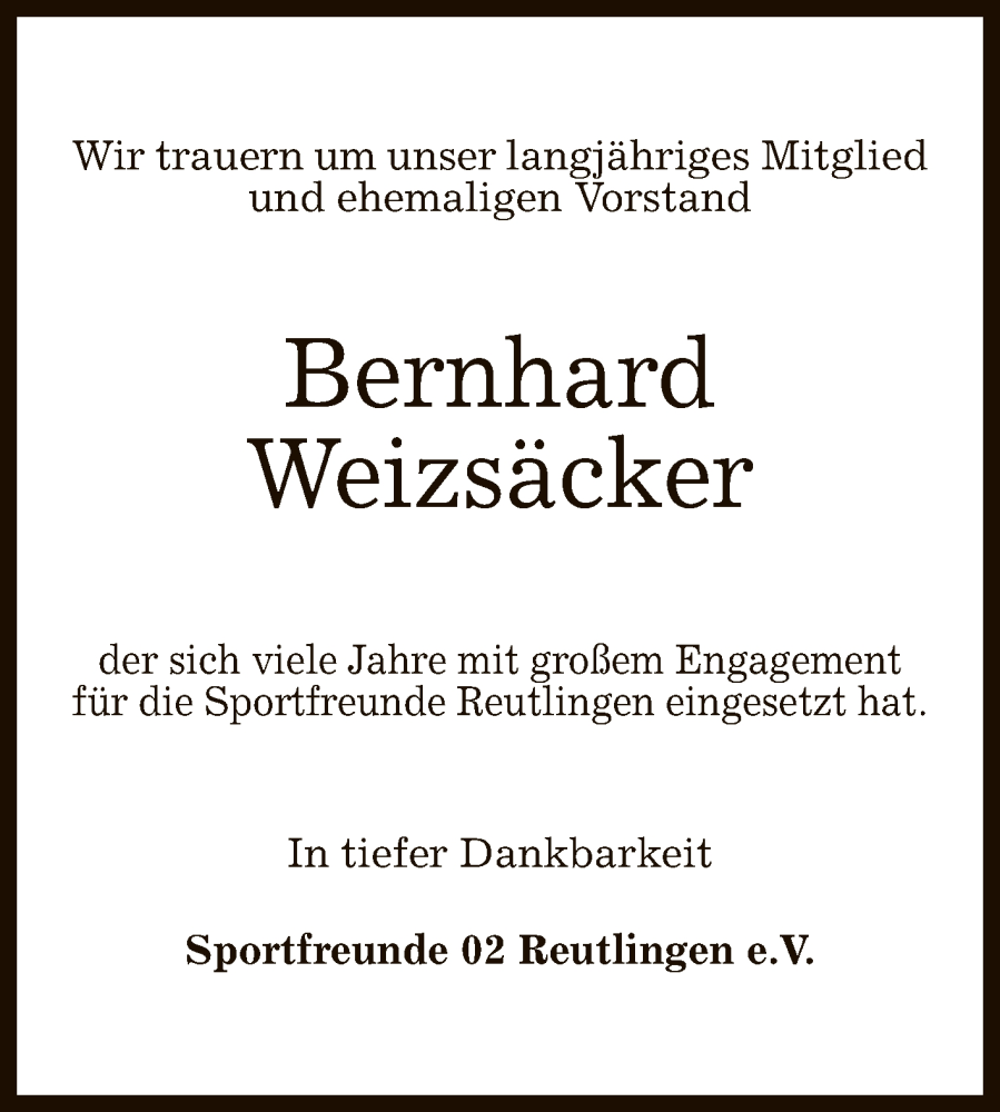  Traueranzeige für Bernhard Weizsäcker vom 06.02.2026 aus Reutlinger General-Anzeiger