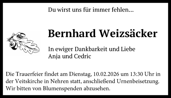 Anzeige von Bernhard Weizsäcker von Reutlinger General-Anzeiger