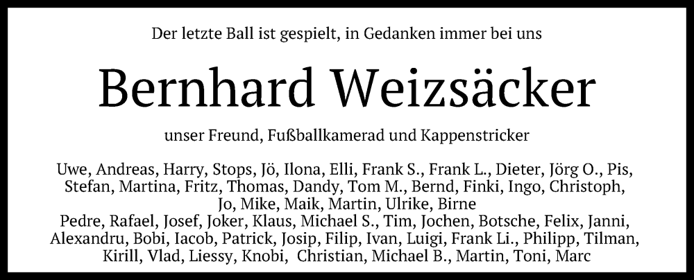  Traueranzeige für Bernhard Weizsäcker vom 06.02.2026 aus Reutlinger General-Anzeiger