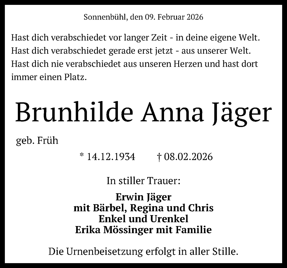  Traueranzeige für Brunhilde Anna Jäger vom 11.02.2026 aus Reutlinger General-Anzeiger