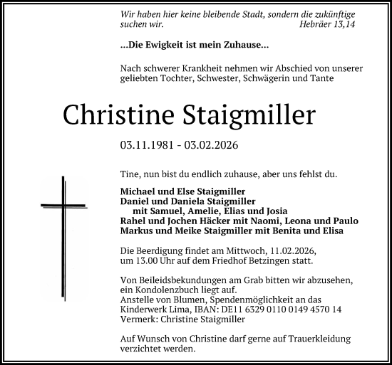 Anzeige von Christine Staigmiller von Reutlinger General-Anzeiger