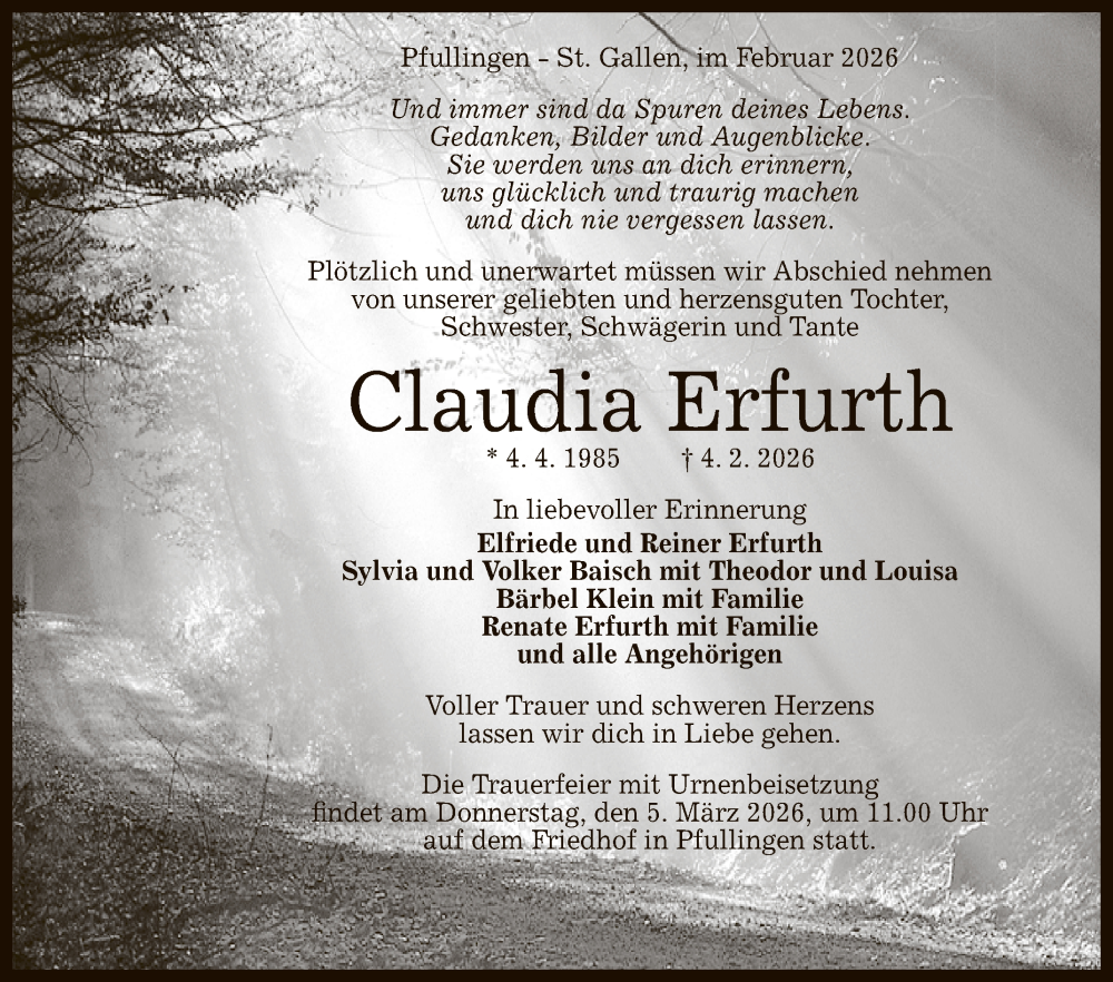  Traueranzeige für Claudia Erfurth vom 28.02.2026 aus Reutlinger General-Anzeiger
