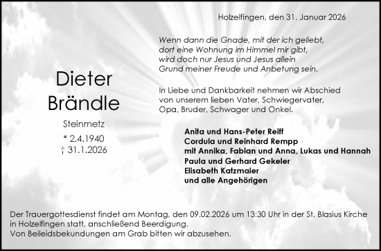 Anzeige von Dieter Brändle von Reutlinger General-Anzeiger