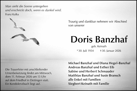 Anzeige von Doris Banzhaf von Reutlinger General-Anzeiger