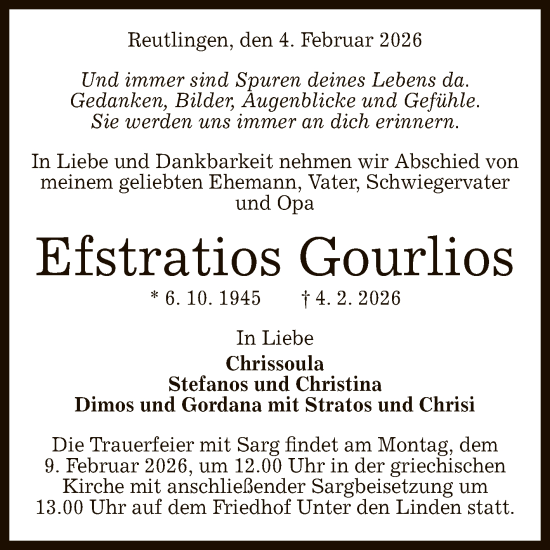 Anzeige von Efstratios Gourlios von Reutlinger General-Anzeiger