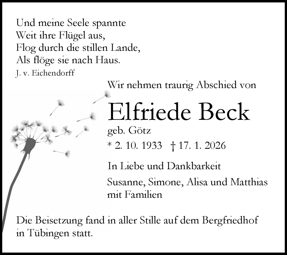  Traueranzeige für Elfriede Beck vom 07.02.2026 aus Reutlinger General-Anzeiger