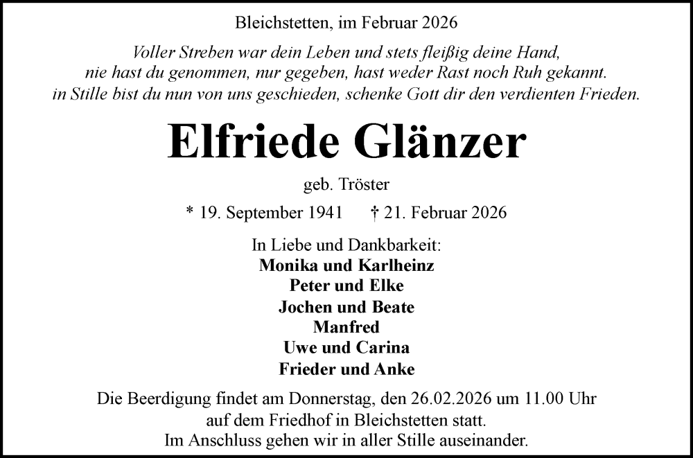  Traueranzeige für Elfriede Glänzer vom 24.02.2026 aus Reutlinger General-Anzeiger