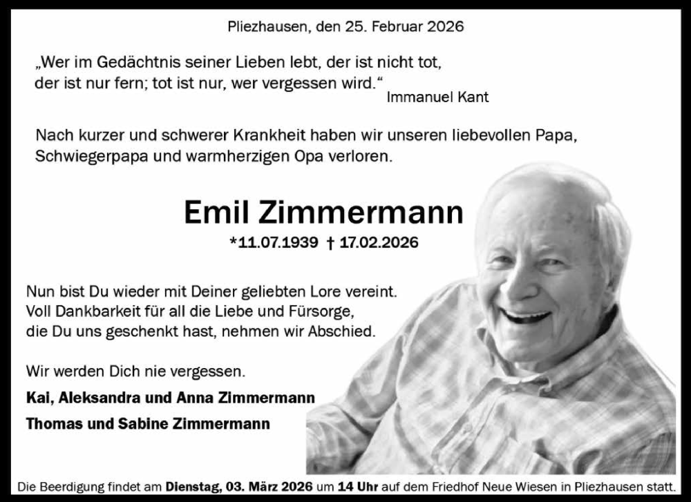  Traueranzeige für Emil Zimmermann vom 25.02.2026 aus Reutlinger General-Anzeiger