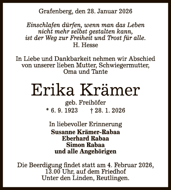 Anzeige von Erika Krämer von Reutlinger General-Anzeiger