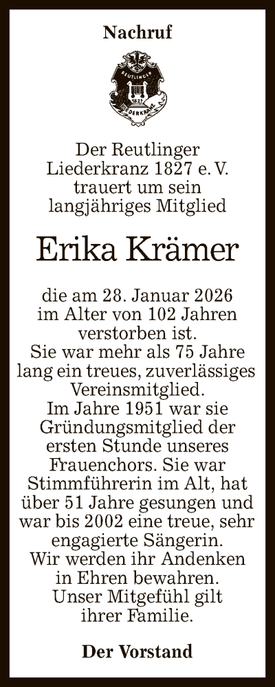 Anzeige von Erika Krämer von Reutlinger General-Anzeiger
