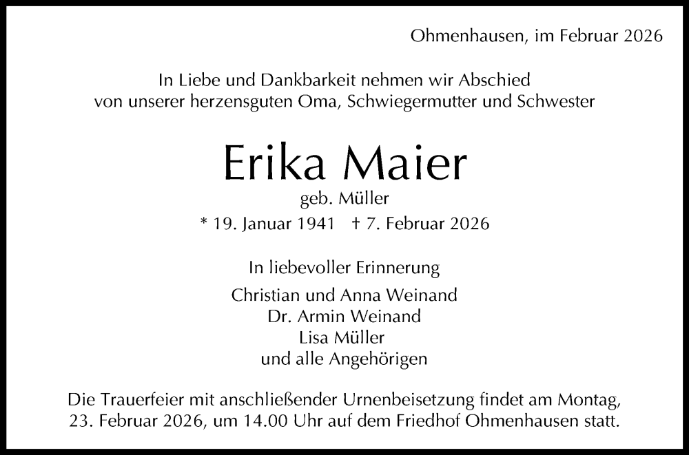  Traueranzeige für Erika Maier vom 14.02.2026 aus Reutlinger General-Anzeiger