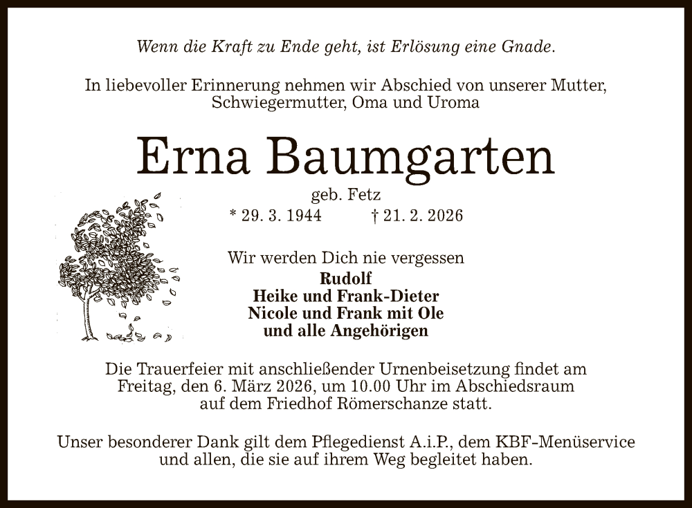  Traueranzeige für Erna Baumgarten vom 28.02.2026 aus Reutlinger General-Anzeiger