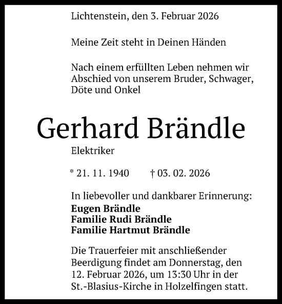 Anzeige von Gerhard Brändle von Reutlinger General-Anzeiger
