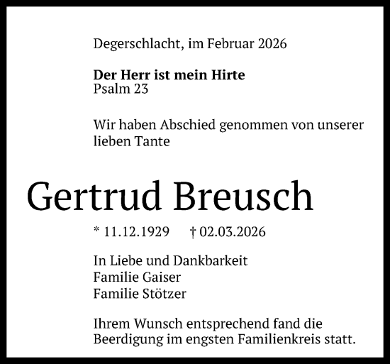 Anzeige von Gertrud Breusch von Reutlinger General-Anzeiger