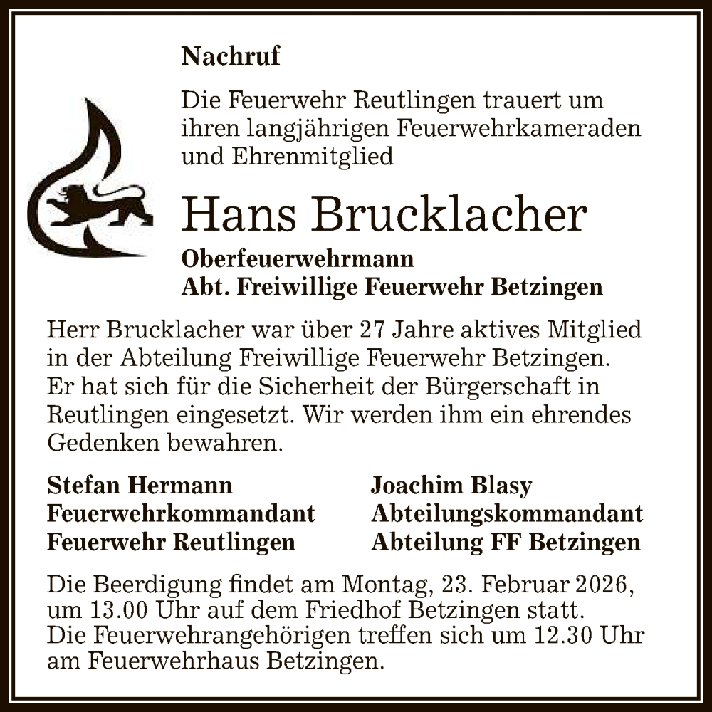  Traueranzeige für Hans Brucklacher vom 21.02.2026 aus Reutlinger General-Anzeiger