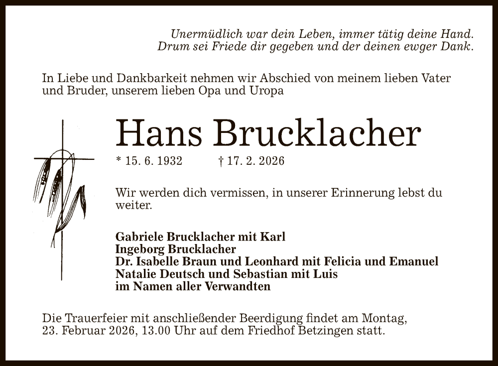  Traueranzeige für Hans Brucklacher vom 20.02.2026 aus Reutlinger General-Anzeiger