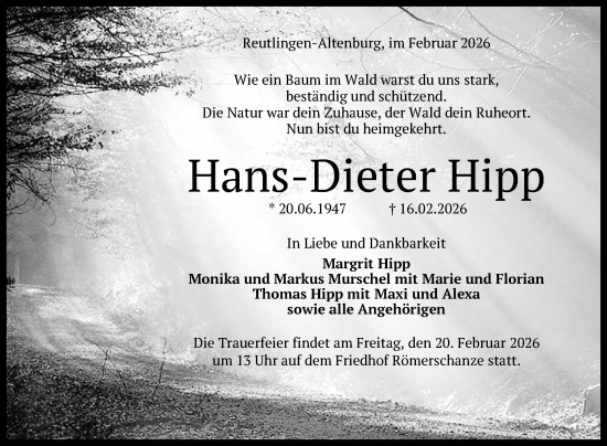 Anzeige von Hans-Dieter Hipp von Reutlinger General-Anzeiger