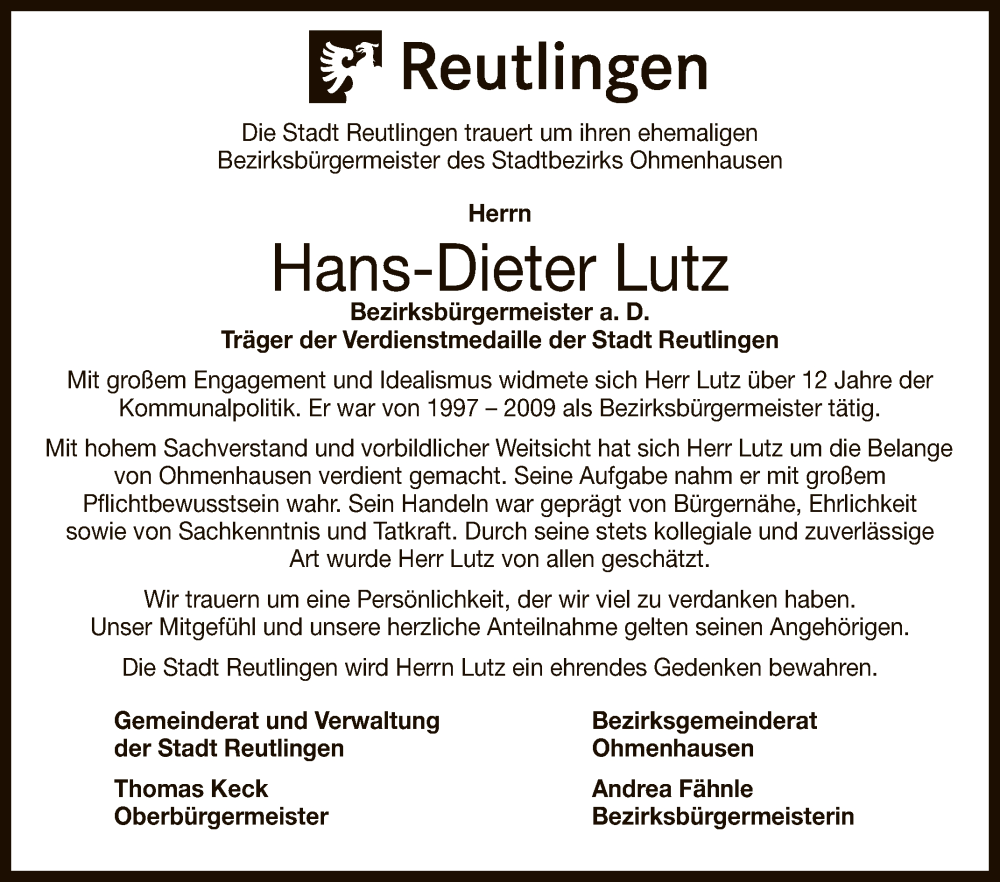  Traueranzeige für Hans-Dieter Lutz vom 05.02.2026 aus Reutlinger General-Anzeiger
