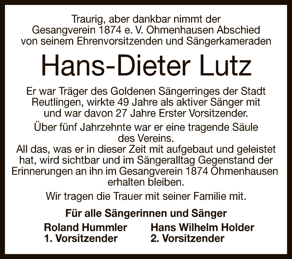  Traueranzeige für Hans-Dieter Lutz vom 06.02.2026 aus Reutlinger General-Anzeiger