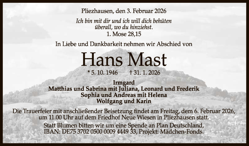  Traueranzeige für Hans Mast vom 03.02.2026 aus Reutlinger General-Anzeiger