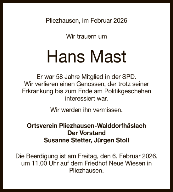 Anzeige von Hans Mast von Reutlinger General-Anzeiger