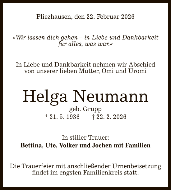 Anzeige von Helga Neumann von Reutlinger General-Anzeiger