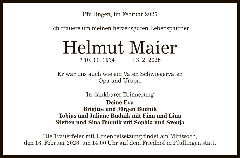 Traueranzeige für Helmut Maier vom 14.02.2026 aus Reutlinger General-Anzeiger