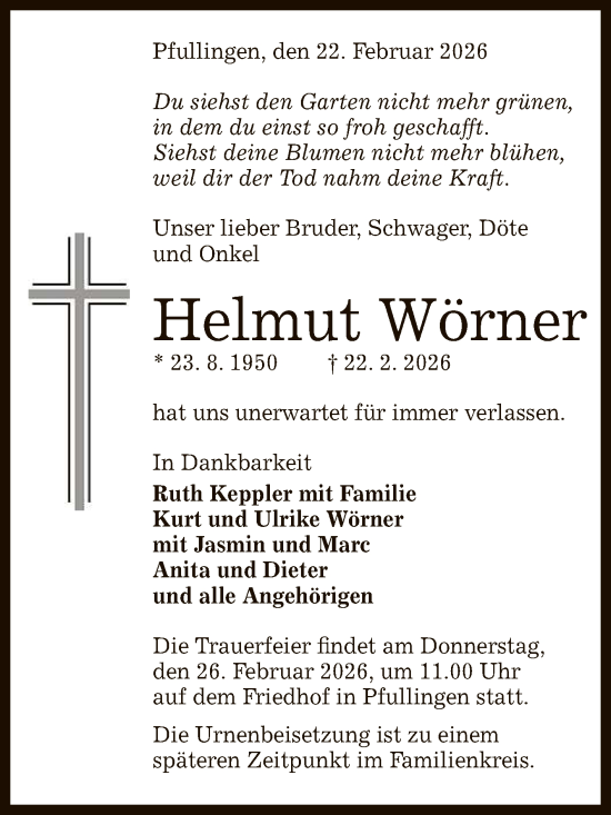 Anzeige von Helmut Wörner von Reutlinger General-Anzeiger