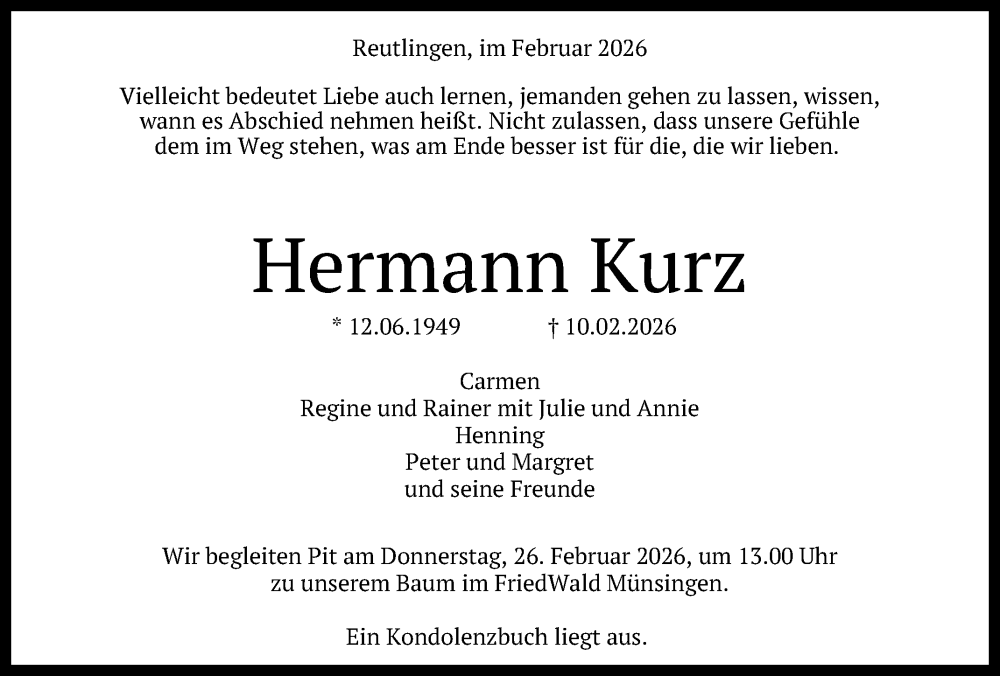  Traueranzeige für Hermann Kurz vom 21.02.2026 aus Reutlinger General-Anzeiger