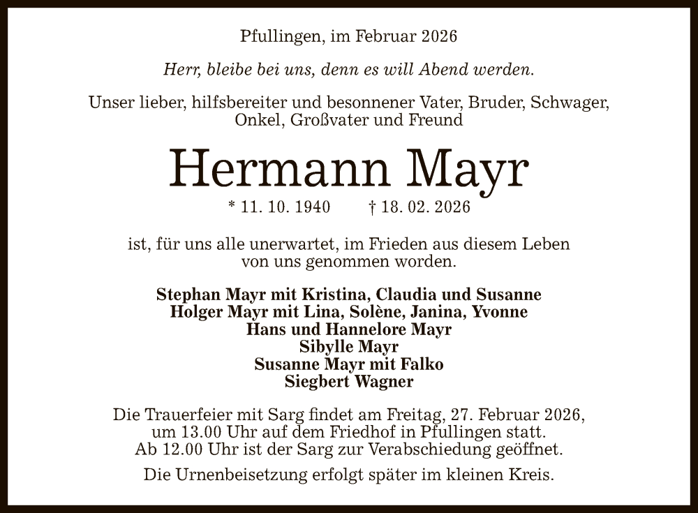  Traueranzeige für Hermann Mayr vom 24.02.2026 aus Reutlinger General-Anzeiger