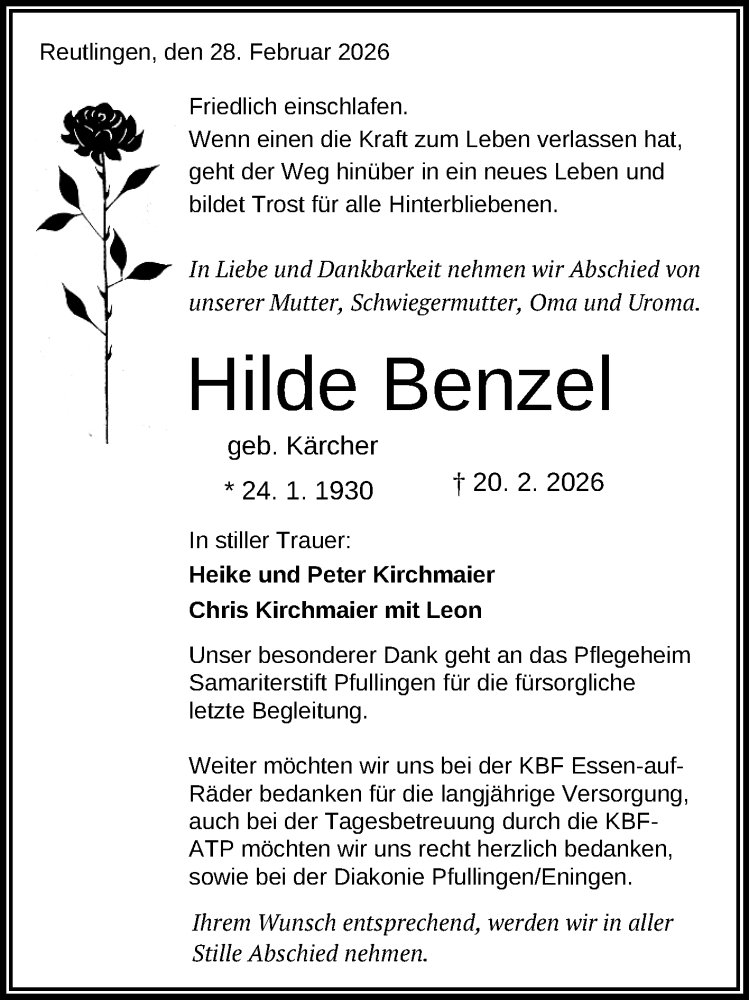  Traueranzeige für Hilde Benzel vom 28.02.2026 aus Reutlinger General-Anzeiger