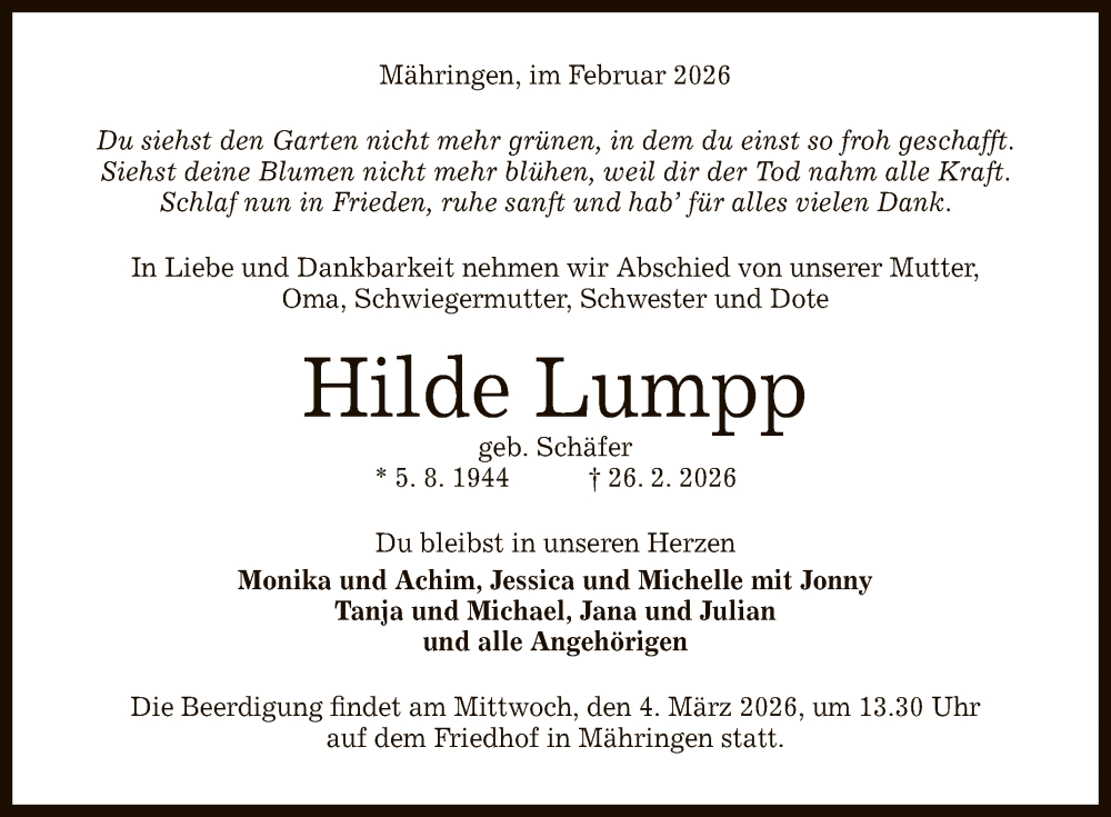  Traueranzeige für Hilde Lumpp vom 28.02.2026 aus Reutlinger General-Anzeiger