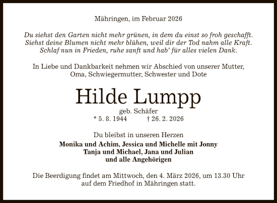 Anzeige von Hilde Lumpp von Reutlinger General-Anzeiger