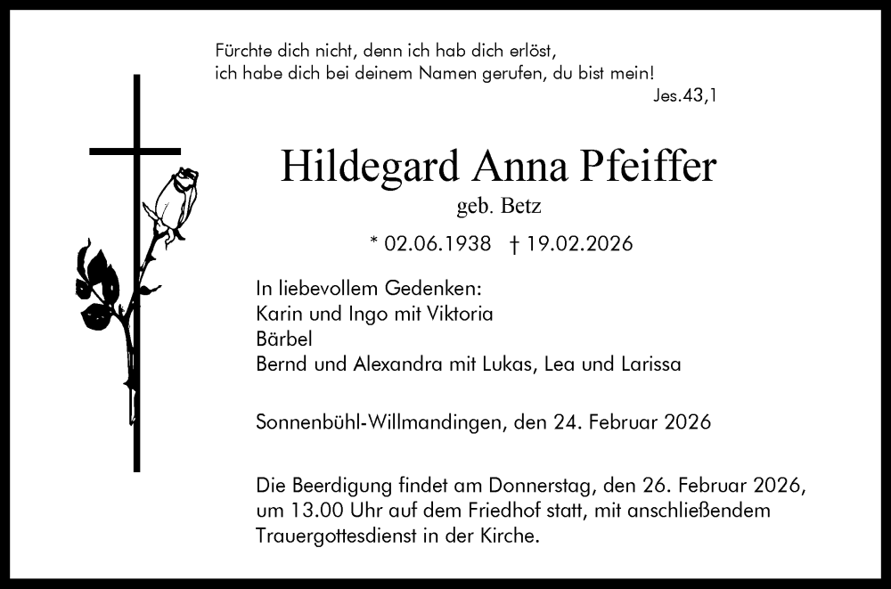  Traueranzeige für Hildegard Anna Pfeiffer vom 24.02.2026 aus Reutlinger General-Anzeiger