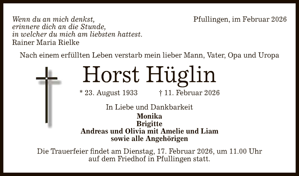  Traueranzeige für Horst Hüglin vom 14.02.2026 aus Reutlinger General-Anzeiger