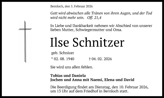 Anzeige von Ilse Schnitzer von Reutlinger General-Anzeiger
