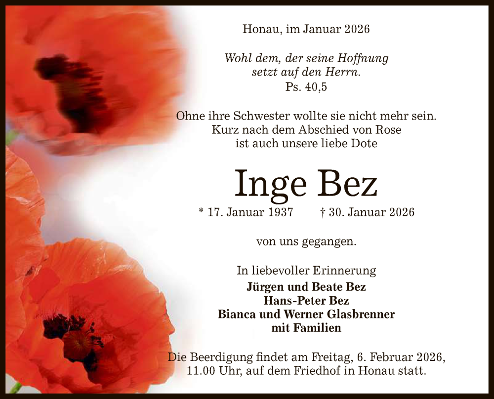  Traueranzeige für Inge Bez vom 04.02.2026 aus Reutlinger General-Anzeiger