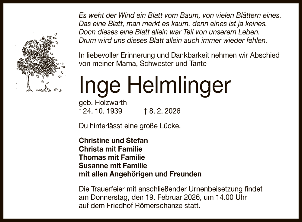 Traueranzeige für Inge Helmlinger vom 14.02.2026 aus Reutlinger General-Anzeiger