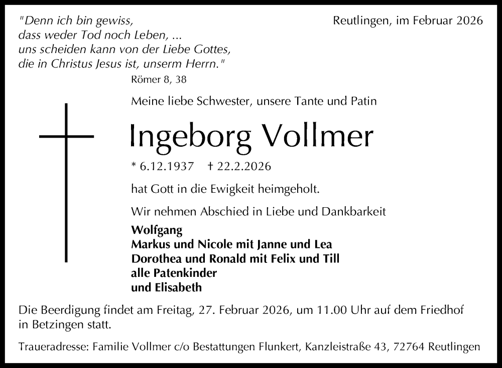  Traueranzeige für Ingeborg Vollmer vom 25.02.2026 aus Reutlinger General-Anzeiger
