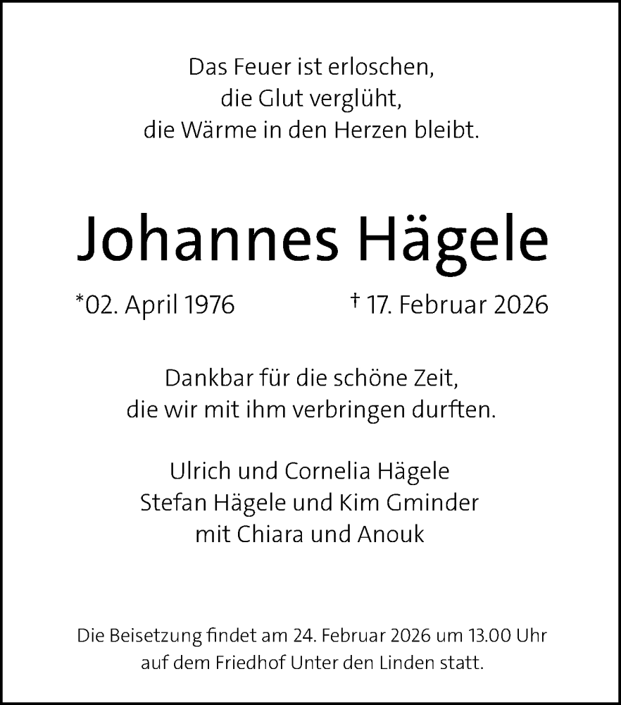  Traueranzeige für Johannes Hägele vom 21.02.2026 aus Reutlinger General-Anzeiger