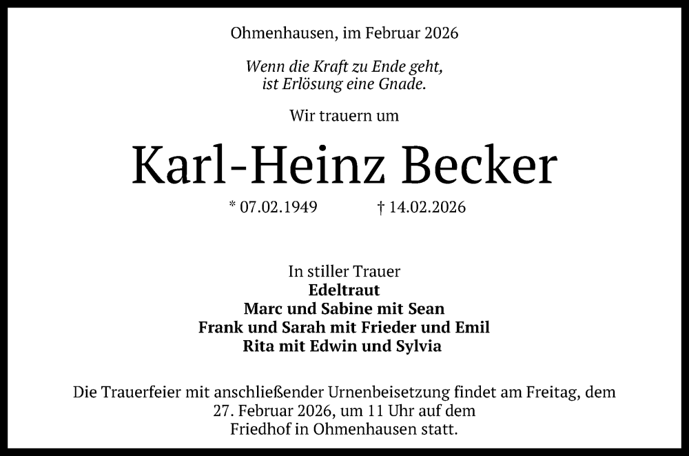  Traueranzeige für Karl-Heinz Becker vom 21.02.2026 aus Reutlinger General-Anzeiger