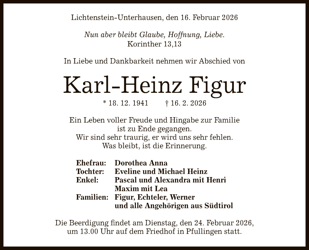  Traueranzeige für Karl-Heinz Figur vom 21.02.2026 aus Reutlinger General-Anzeiger
