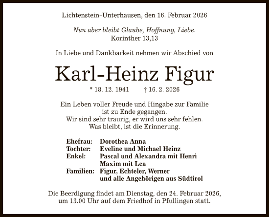 Anzeige von Karl-Heinz Figur von Reutlinger General-Anzeiger